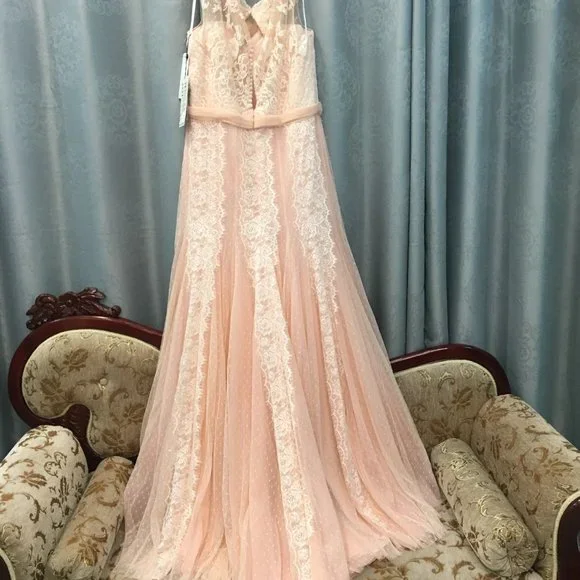 BLUSH Champagne Lace Rustic Wedding Dress, Cap Sleeve, Boat Neck Elegant Mother - Picture 13 of 15